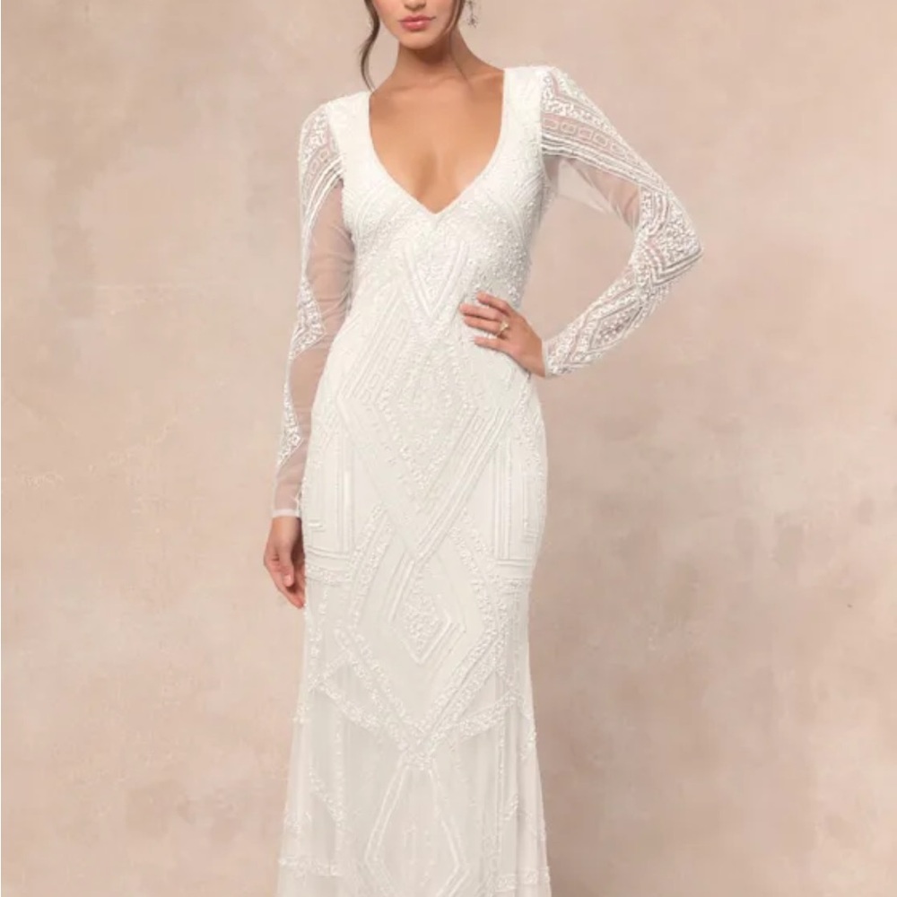 Deedra White Sequin Beaded Backless Maxi Dress